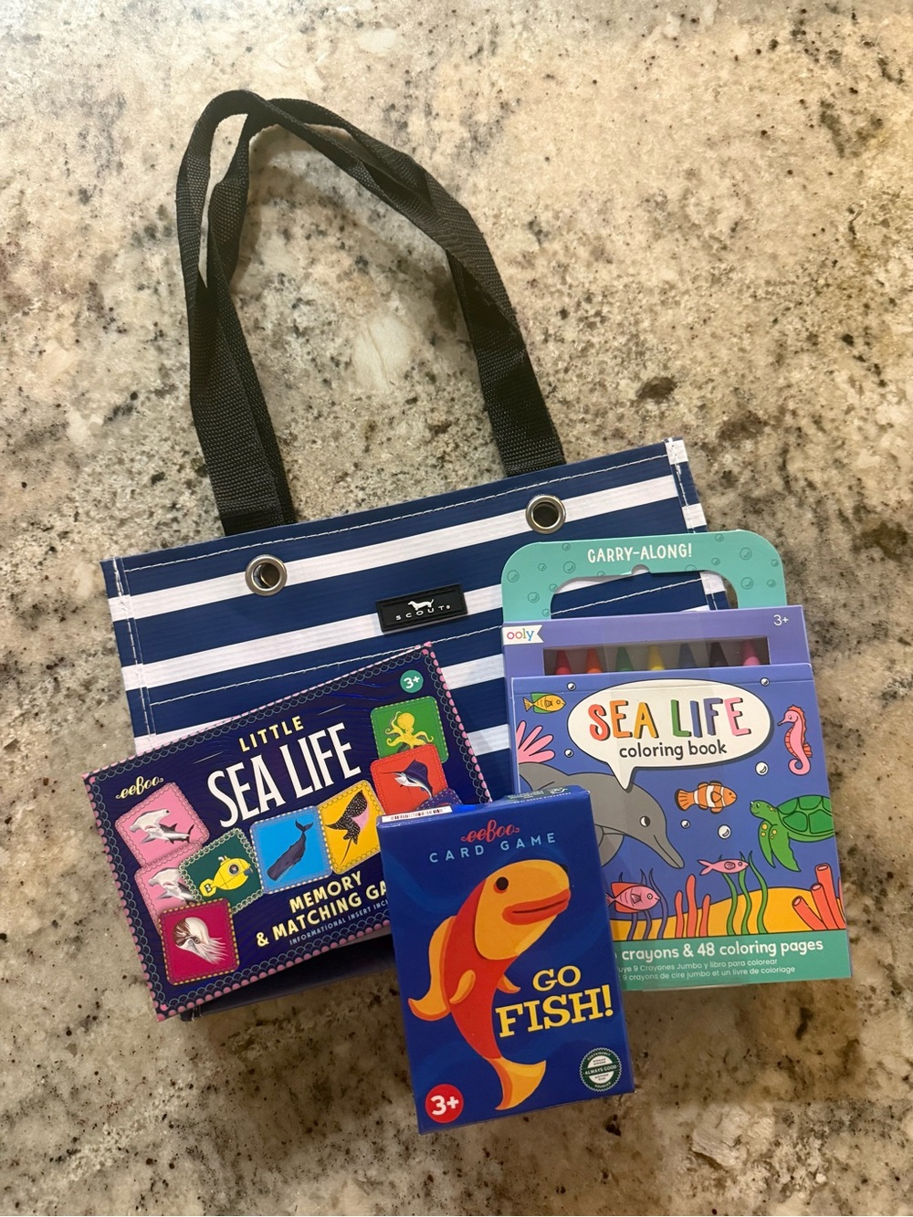 🐟NEW-Scout Tote w/ Sea Life Coloring Book,Go Fish Card Game & Memory Game - Blue